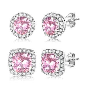 14K White Gold - 925 Sterling Silver Pink Faceted Diamond Cut CZ Unisex Earrings